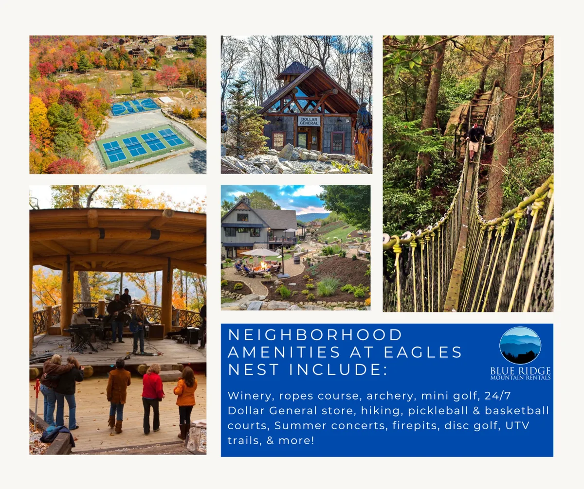 This vibrant scene captures the heart of Eagles Nest's family-friendly amenities: an outdoor concert stage set amidst lush greenery, a hiking bridge that crosses a nearby stream, and adjacent recreational courts. Lodging areas and mini-golf are also visible in the background, creating an inviting landscape bustling with opportunities for adventure.